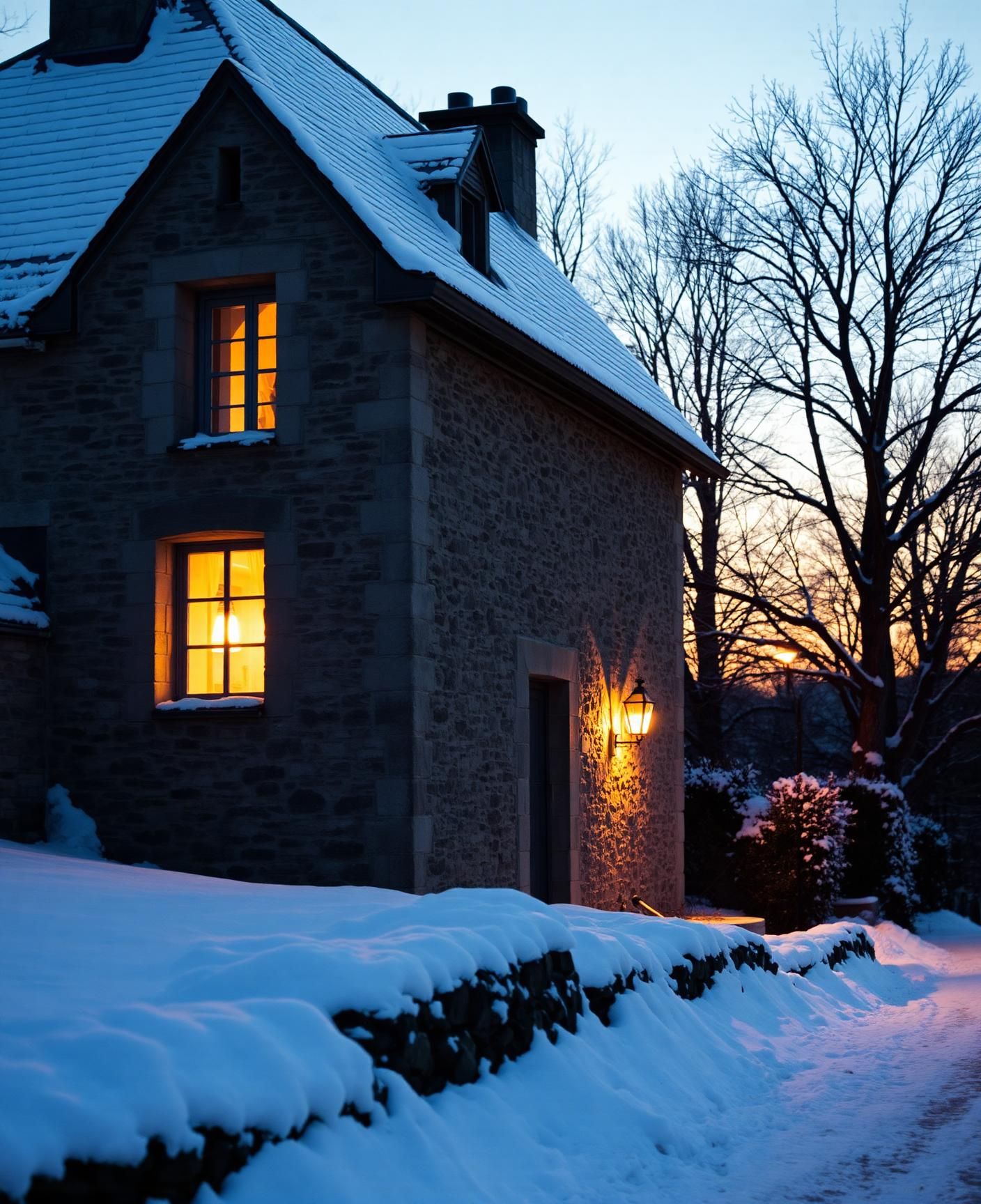 La maison en hiver, lumière chaude